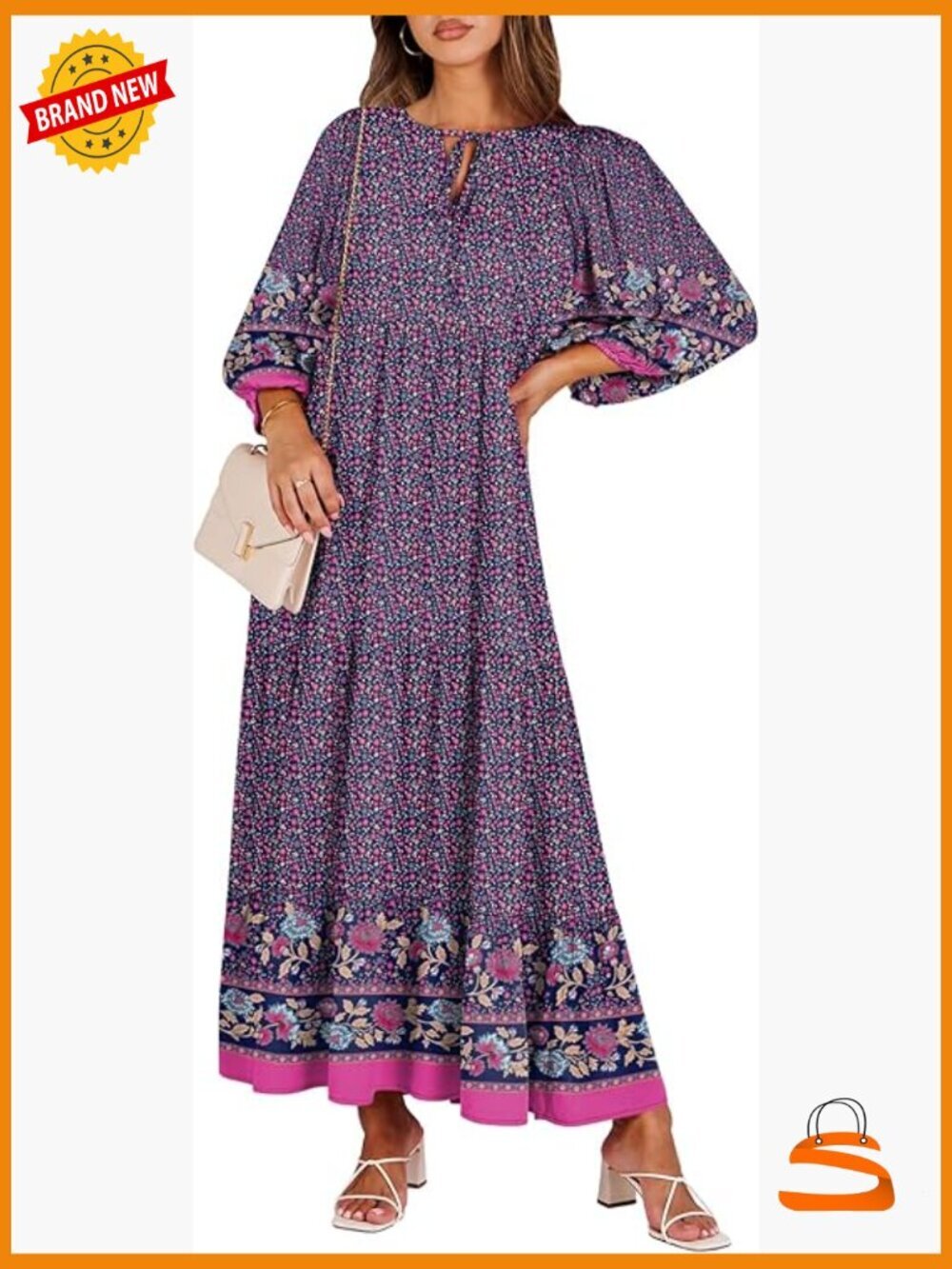 Boho Puff Sleeve Maxi Dress V Neck Flowy Swing Tiered
